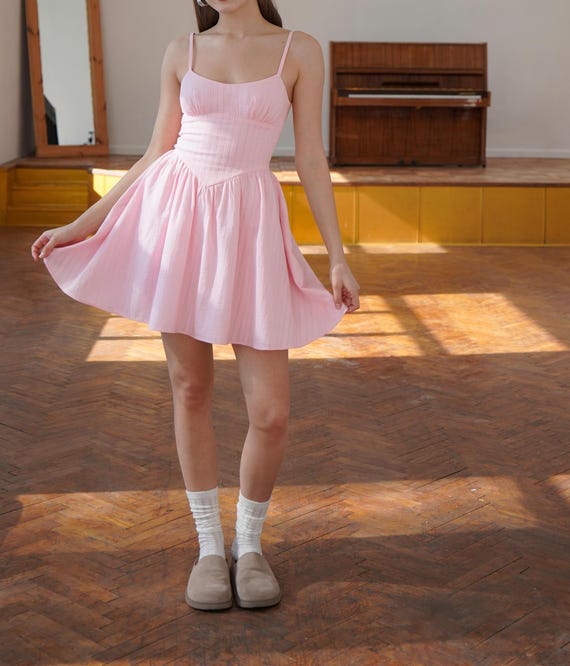 Coquette Pink Mini Basque Waist Dress, Romantic Summer Birthday Party Dress, Cute Babydoll Pastel Graduation Outfit Coquette Pink Mini Basque Waist Dress, Romantic Summer Birthday Party Dress, Cute Babydoll Pastel Graduation Outfit