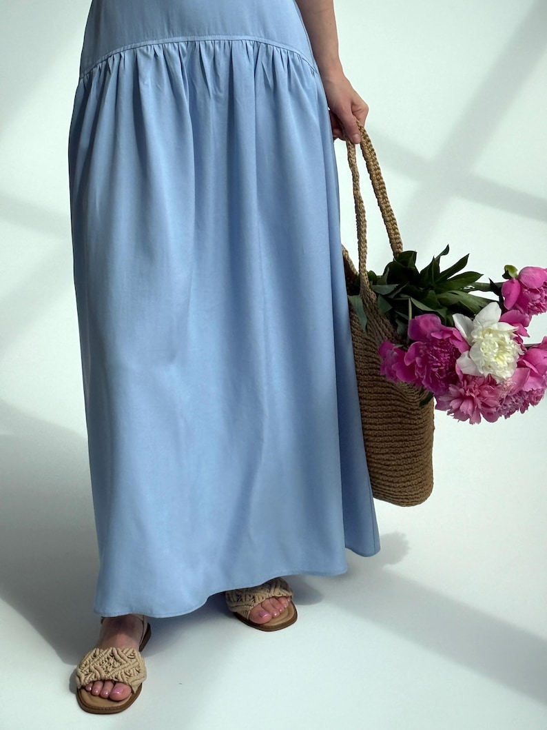 Blue Milkmaid Drop Waist Tencel Maxi Dress, Cottagecore Basque Bridesmaid Dress, Coquette Regencystore Wedding Guest Gown