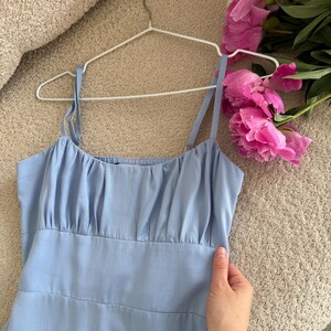 Blue Milkmaid Drop Waist Tencel Maxi Dress, Cottagecore Basque Bridesmaid Dress, Coquette Regencystore Wedding Guest Gown
