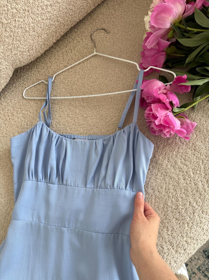 Blue Milkmaid Drop Waist Tencel Maxi Dress, Cottagecore Basque Bridesmaid Dress, Coquette Regencystore Wedding Guest Gown