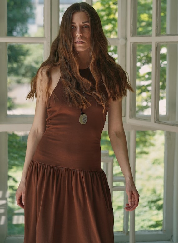 drop waist dress brown Ever New dropped hem pleated midaxi dress in chocolate brown