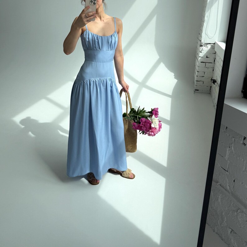 Blue Milkmaid Drop Waist Tencel Maxi Dress, Cottagecore Basque Bridesmaid Dress, Coquette Regencystore Wedding Guest Gown