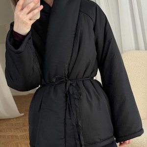 Black Wrap Jacket Kimono Jacket Winter Puffer Coat Stand Collar Down Jacket Japanese Jacket Coat Womens Clothing