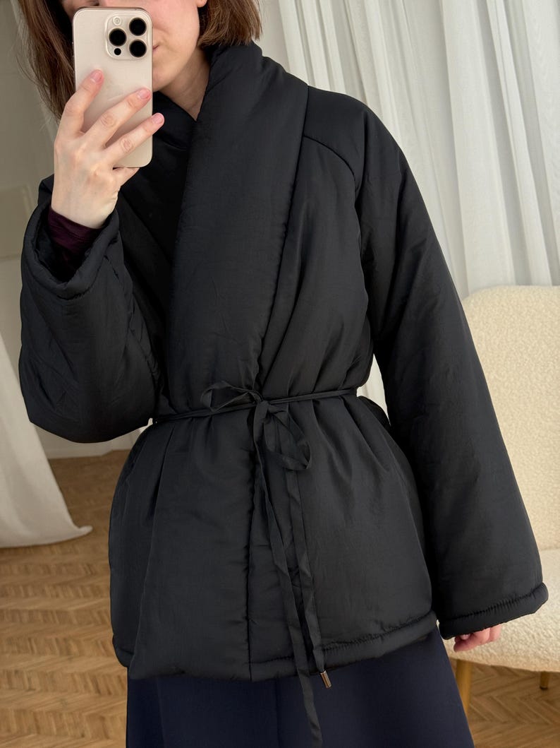 Black Wrap Jacket Kimono Jacket Winter Puffer Coat Stand Collar Down Jacket Japanese Jacket Coat Womens Clothing