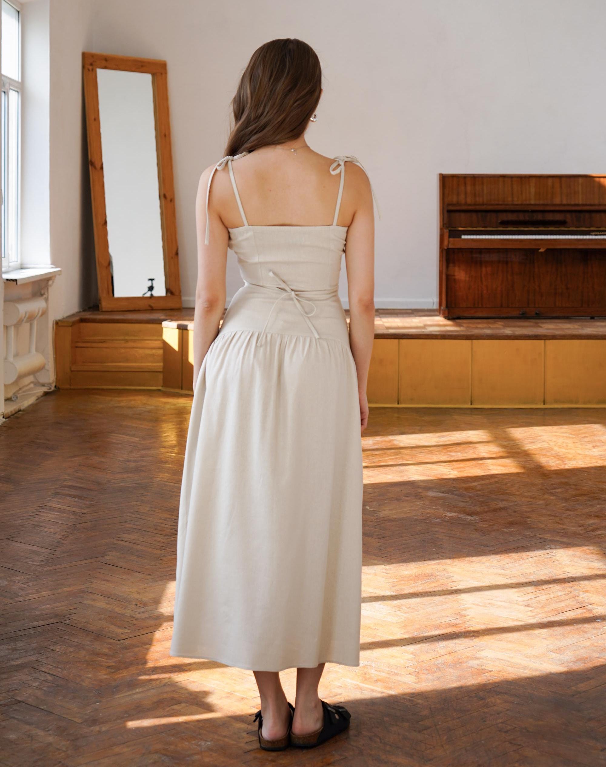 Beige Linen Maxi Dress: Western Basque Drop Waist Cottagecore Bridesmaid Dress
