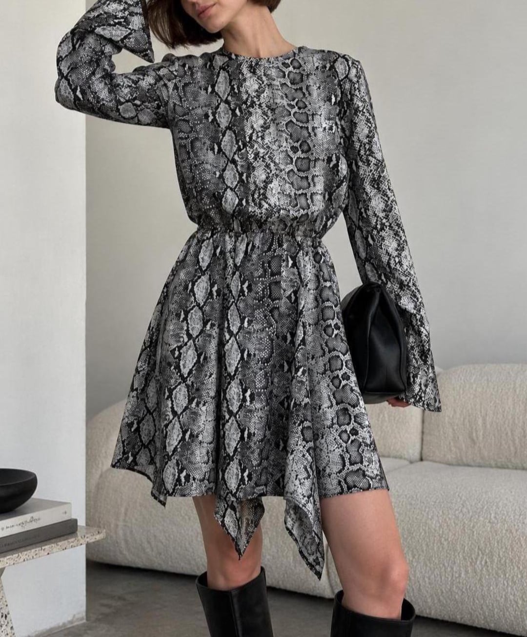 grey long sleeve cocktail dress Snake Skin Mini Dress: Bell Fall Animal Print Asymmetrical Hem (viscose/nylon) long formal silver dress
