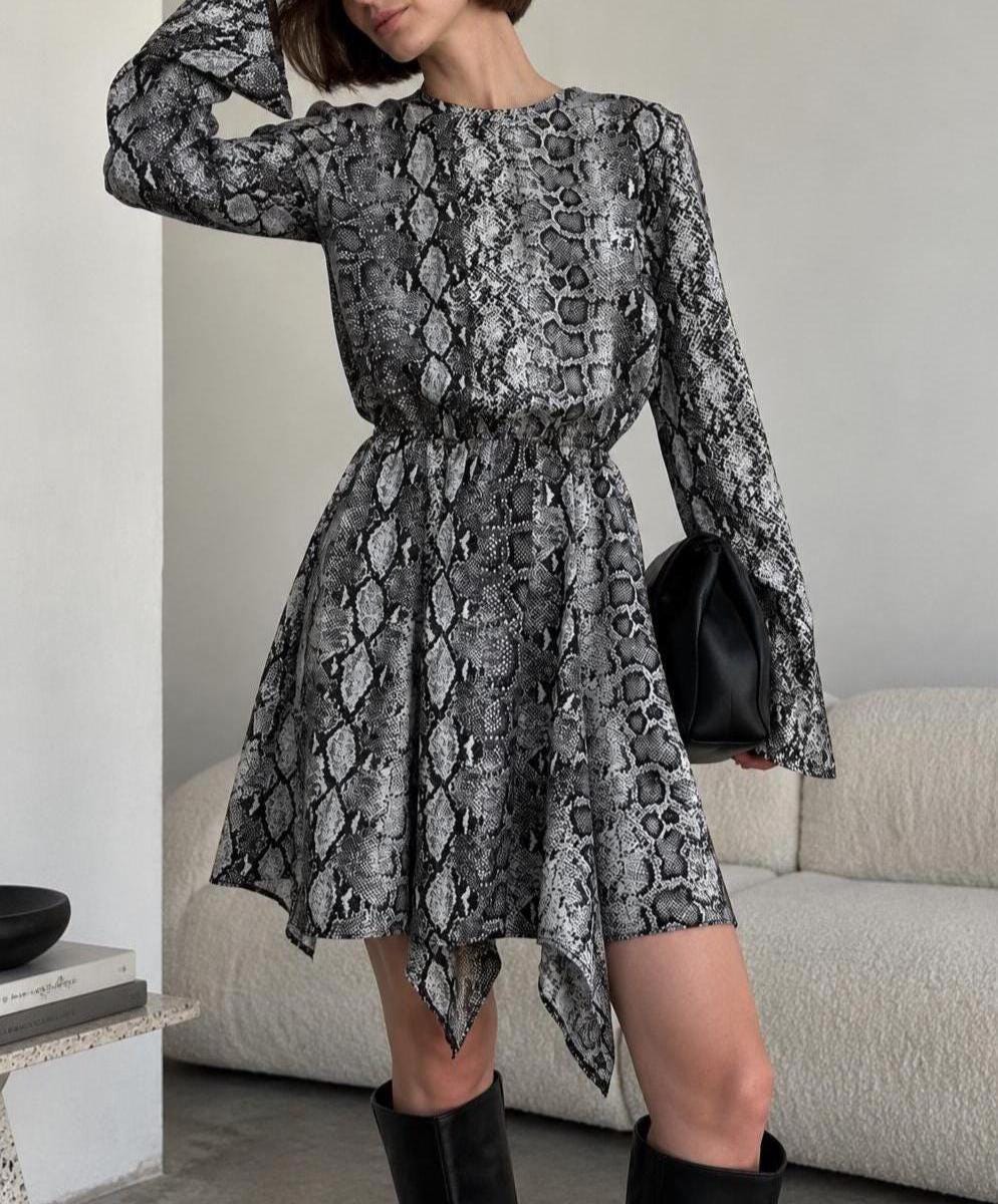 Grey Snake Skin Mini Cocktail Dress: Long Bell Sleeve Fall Animal Print Asymmetrical Hem (viscose/nylon)