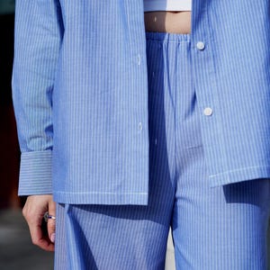 Blue Striped Lounge Summer Pajama Style Set – Italian Cotton Wide Leg Pants and Long Sleeve Button-Down Shirt – Baby Blue Casual Pants Set