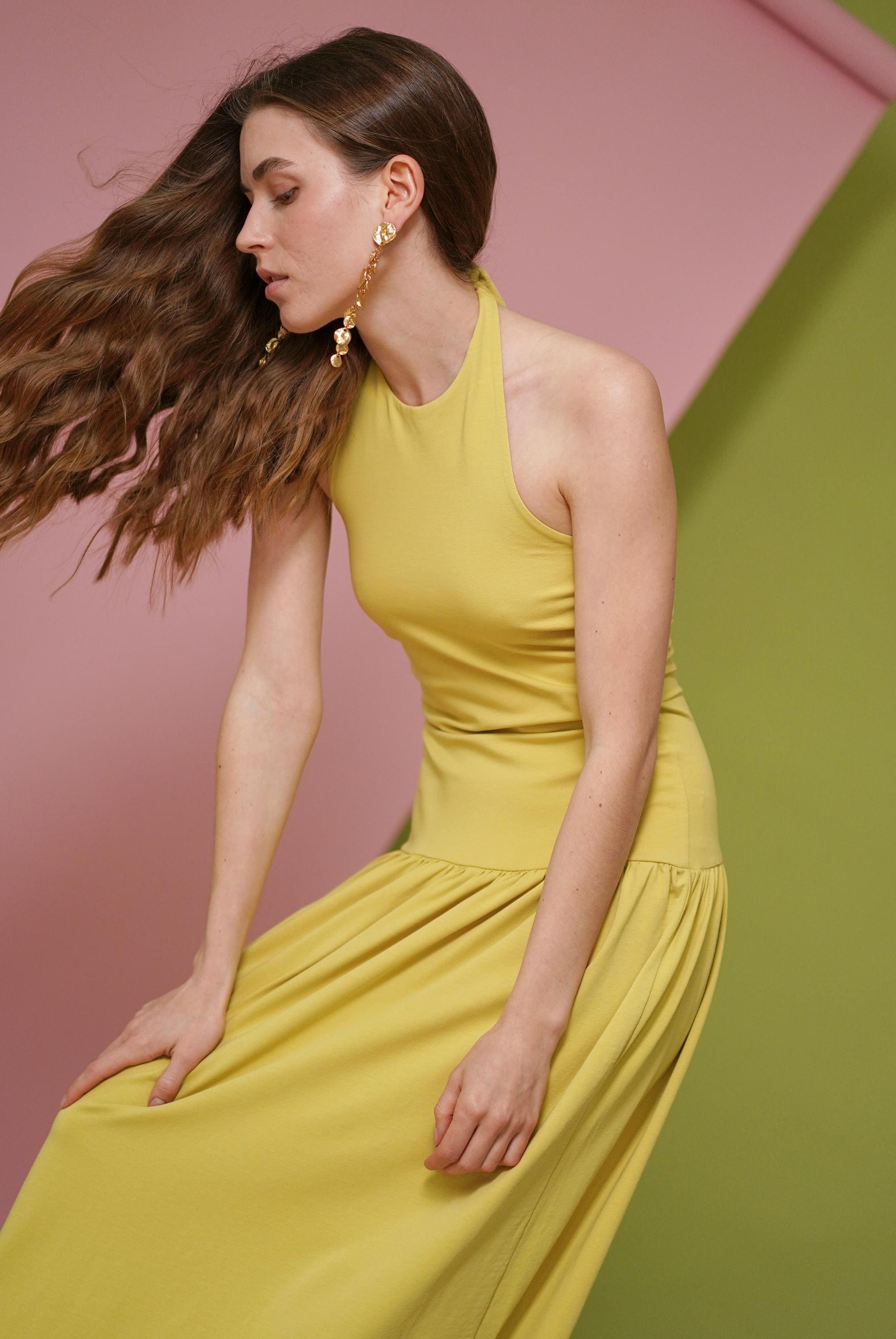 Pale Yellow Halter Neck Cotton Jersey Dress: Fitted Bodycon Maxi Drop Waist Sundress