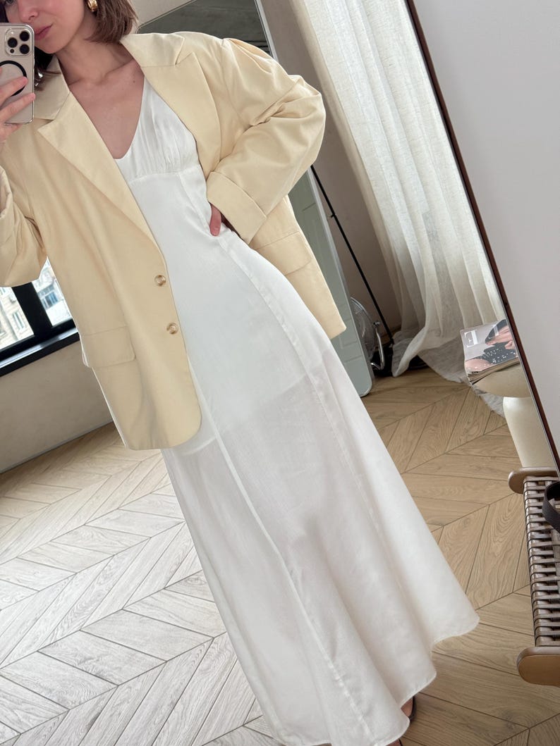 Women’s Oversized Cotton Blazer - Butter Yellow Single-Breasted Jacket, Tailored Suit Jacket Pleated Shoulders, Summer Double Layer Blazer