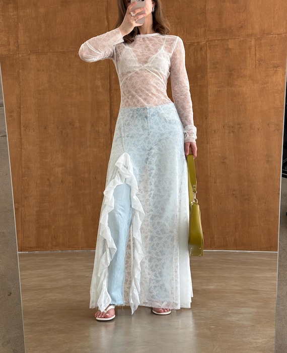 maxi bridal shower dress White Lace Dress, Sheer Gown with Ruffle Slit, Alternative Wedding Dress, Romantic Coquette Fairycore Long Sleeve Subcategory:Gown Best Bridesmaid Dresses and Size:Medium (3 to 7 years) have sundress