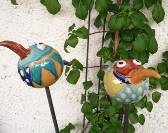 Garden stake colorful birds, cast ceramic, modeled, suitable for outdoor use, garden decoration, funny, bird, weatherproof, colorful, eye-catcher