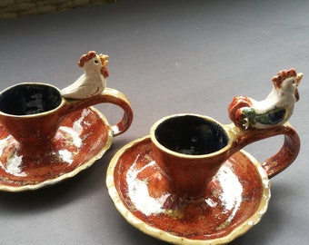 Set of 2 Chicken + Rooster Egg Cups, Handmade, Stoneware, Eggs, Funny, Unique, Wheel Turned, Sculpted, Pottery, Clay