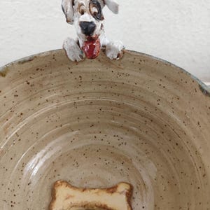Könnte beinhalten: Beige Keramik-Hundenapf mit einer Hundefigur am Rand. Die Schüssel hat ein knochenförmiges Detail am Boden. Der Hund hat schwarze Flecken und eine rote Zunge.