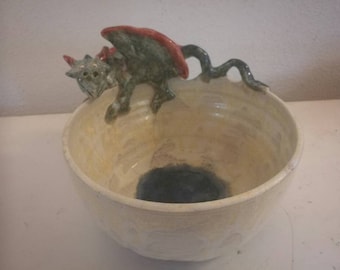 Cereal bowl with dragon, disc turned, clay, pottery, bowl, unique, stoneware, dragon, unique, sweet, handmade, modeled