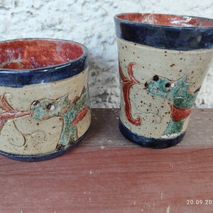 Mug or small cup with carved dragon motif, handmade utility ceramics, children&#39;s cup, stoneware, unique, disc-thrown