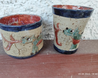 Mug or small cup with engraved dragon motif, handmade utility ceramics, children's cup, stoneware, unique, disc-turned