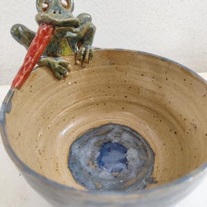 Mug with funny frog on handle, disc-thrown ceramic, stoneware, coffee/favorite mug, unique, handmade, funny gift