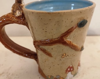 Cup with engraved landscape and owl on the handle, beautiful unique piece, stoneware, gift, disc-thrown ceramics, handmade