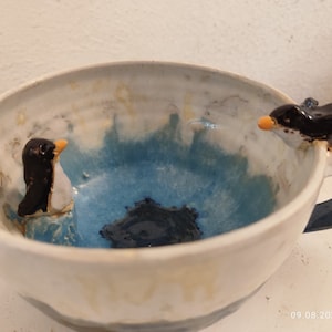 Funny mug with penguins, a unique piece in stoneware quality, handmade favorite mug, gift, dishwasher safe, disc-turned
