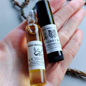 Wilderness Gift Set - Incense Perfume Oil & Cherry Lip Balm, Witchy Natural Fragrance, Sweet Lip Salve, Scented Gift for Her, Burnt Sugar