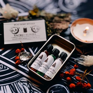 May include: A selection of small glass bottles with black lids, labelled "Berry Rituals," in a metal tin. The bottles contain different coloured liquids. A lit candle and a box labelled "Sacred Elixirs" are also present, along with crystals and berries.