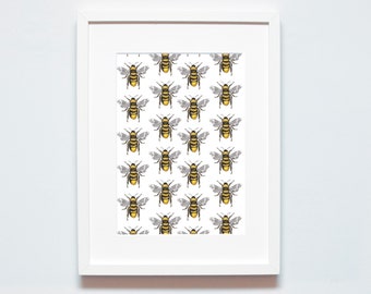 Bee Print - Repeated Bee Print - Bumblebee Wall Decor - Save The Bees - A4 Bee Print