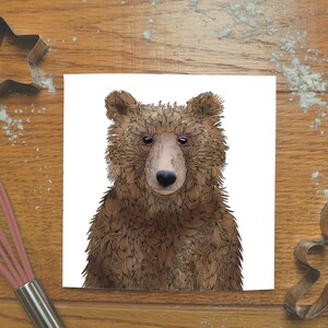 May include: A brown bear with a detailed, textured fur pattern. The bear is looking directly at the viewer with a neutral expression.