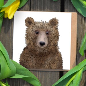 May include: A greeting card featuring a close-up illustration of a brown bear with a detailed, textured fur pattern. The bear has a friendly expression with a light brown nose and black eyes.