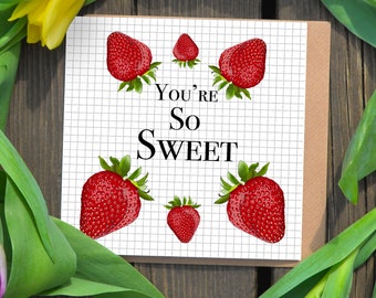 Strawberry Thank You Card, 'You're So Sweet', Cute Nature Design