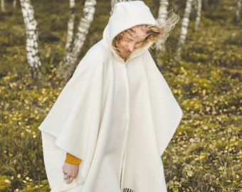 Wool Cape with a Hood Wool Poncho Hooded Ruana Cloak Mantle Fleece Wrap 100% Natural New Zealand Wool size 51 x 75 In - White color Gift
