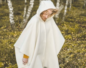 Wool Cape with a Hood Wool Poncho Hooded Ruana Cloak Mantle Fleece Wrap 100% Natural New Zealand Wool size 51 x 75 In - White color Gift