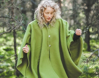 Wool Cape with a Hood Wool Poncho Hooded Ruana Cloak Mantle Fleece Wrap 100% Natural New Zealand Wool size 51 x 75 In - Green color Gift