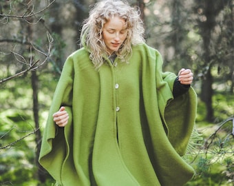 Wool Cape with a Hood Wool Poncho Hooded Ruana Cloak Mantle Fleece Wrap 100% Natural New Zealand Wool size 51 x 75 In - Green color Gift