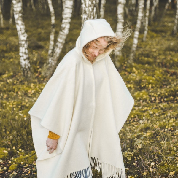 Wool Cape with a Hood Wool Poncho Hooded Ruana Cloak Mantle Fleece Wrap 100% Natural New Zealand Wool size 51 x 75 In - White color Gift