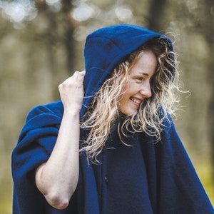 Wool Cape with a Hood Wool Poncho Hooded Ruana Cloak Mantle Fleece Wrap 100% Natural New Zealand Wool size 51 x 75 In - Dark Blue color