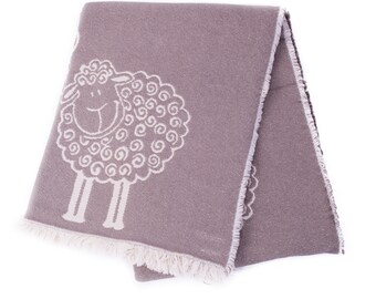 Cotton Jacquard Blanket with Sheep: White/Gray Fringed Bedspread