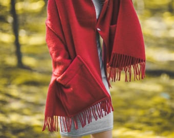 Cozy Fleece Wrap Shawl With Large Front Pockets - for Women Fringe Knitted Poncho Cardigan Cape Top Sweater 65x190 cm - Red