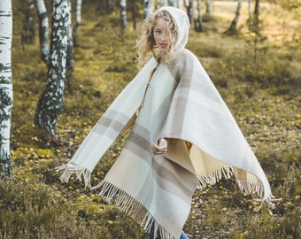 Wool Cape with a Hood Wool Poncho Hooded Ruana Cloak Mantle Fleece Wrap 100% Natural New Zealand Wool size 51 x 75 In - Beige color Gift