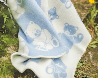 Teddy Bear Wool Blanket: New Zealand Sheep Wool Throw, Blue Plaid (90x130 cm)