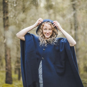 Wool Cape with a Hood Wool Poncho Hooded Ruana Cloak Mantle Fleece Wrap 100% Natural New Zealand Wool size 51 x 75 In Dark Blue color image 2