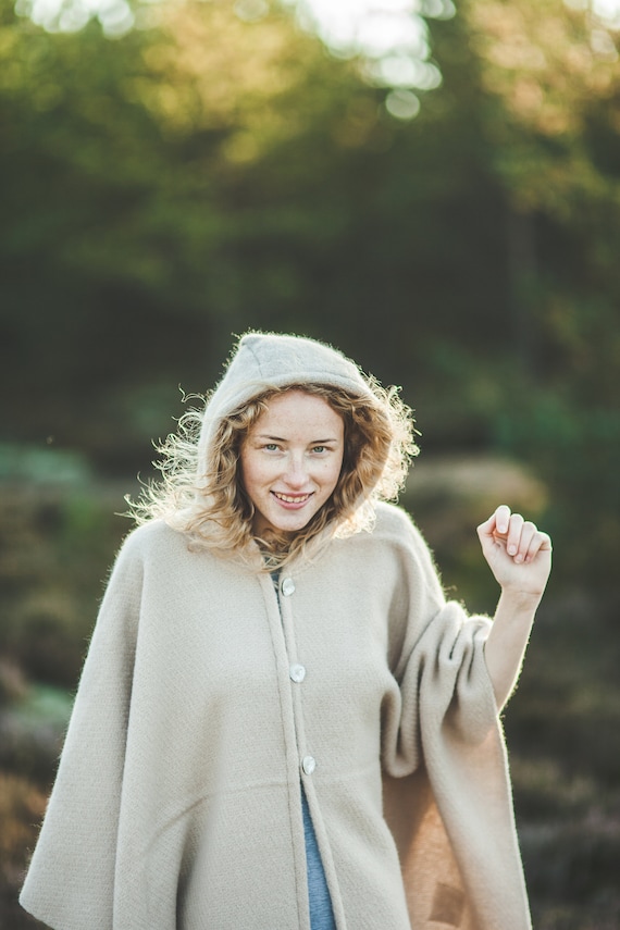Wool Cape With a Hood Wool Poncho Hooded Ruana Cloak Mantle Fleece