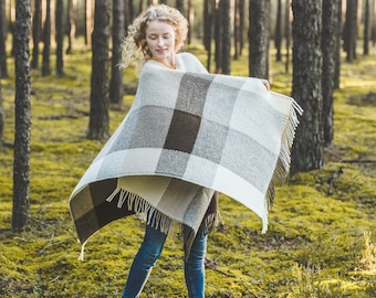Handwoven Wool Poncho Shawl: Diamond V-Shape Cape with Fringe