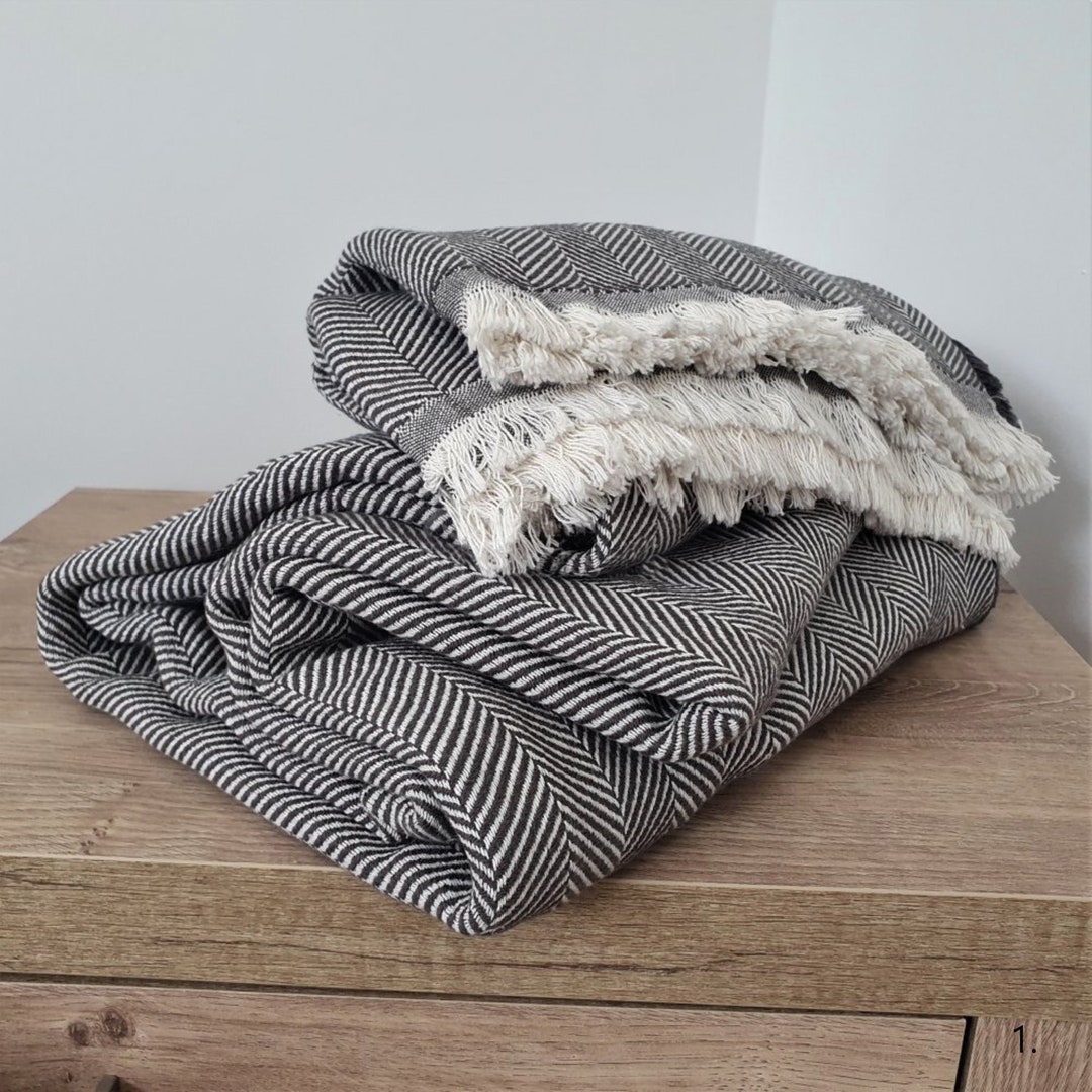 100 Cotton Blanket Fringes Blanket White / Gray, Bedspread 140 X 190