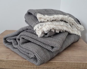 100% Cotton Blanket Fringes Blanket - White / Gray, Bedspread 140 x 190 cm, Beach Blanket, Double Size