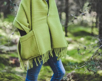 Acogedor chal cruzado de forro polar con bolsillos delanteros grandes - para mujer Poncho de punto con flecos Cárdigan Capa Top Suéter 65x190 cm - Verde