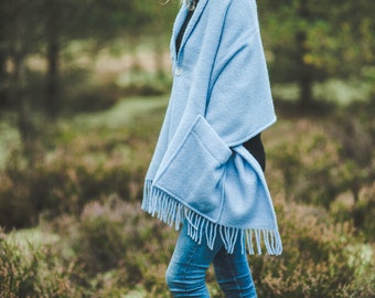 Cozy Fleece Wrap Shawl With Large Front Pockets - for Women Fringe Knitted Poncho Cardigan Cape Top Sweater 65x190 cm Blue