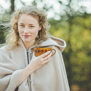 Wool Cape with a Hood Wool Poncho Hooded Ruana Cloak Mantle Fleece Wrap 100% Natural New Zealand Wool size 51 x 75 In - Cacao color Gift