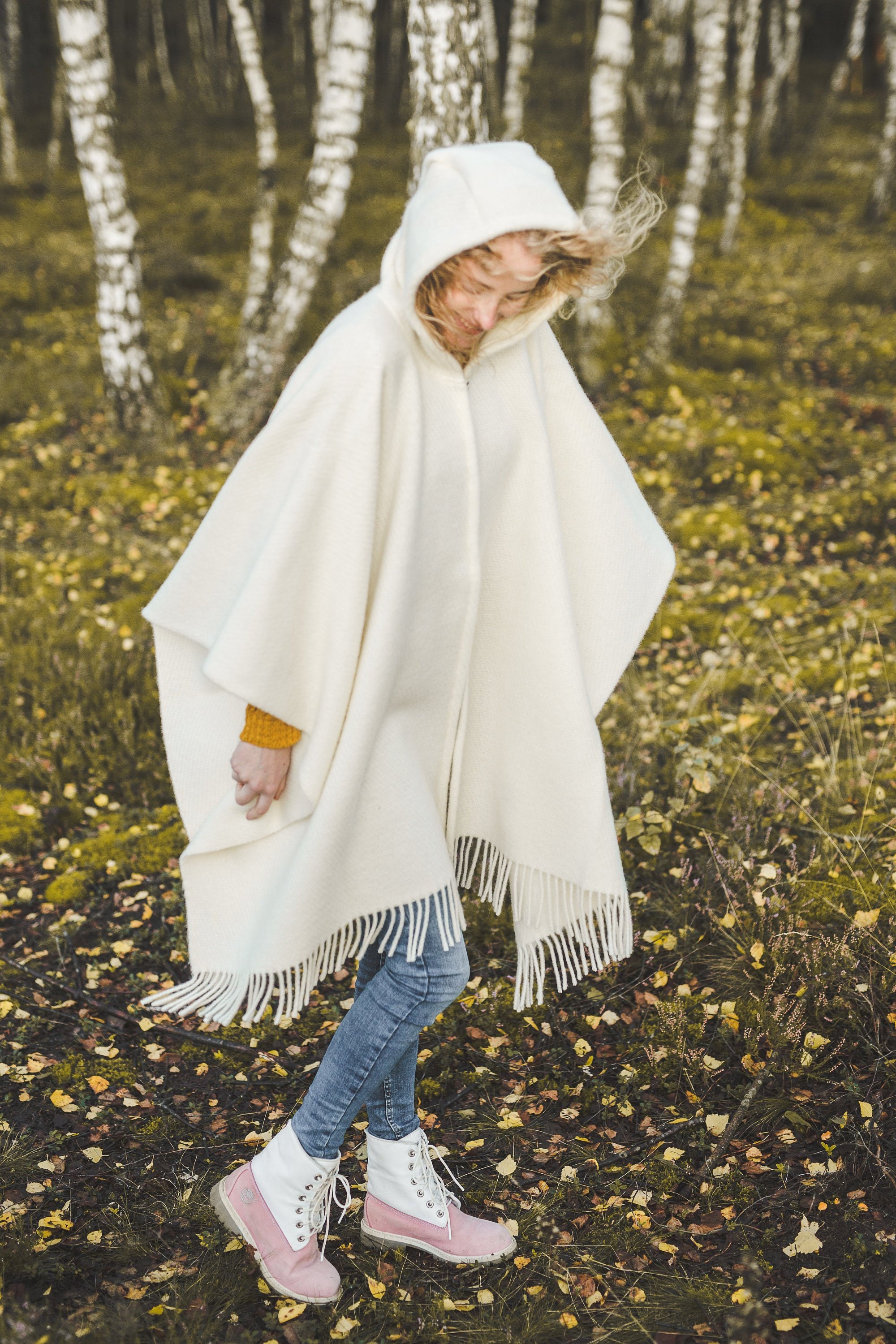 Wool Cape With a Hood Wool Poncho Hooded Ruana Cloak Mantle