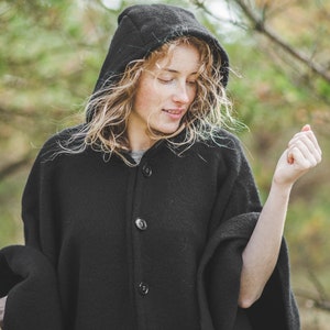 Wool Cape with a Hood Wool Poncho Hooded Ruana Cloak Mantle Fleece Wrap 100% Natural New Zealand Wool size 51 x 75 In - Black color Gift
